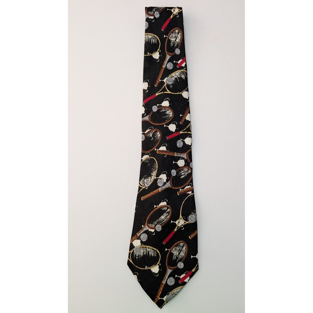 Pascal High Fashion Mens Tennis Racket Ball Novelty Tie Black Polyester